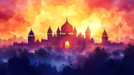 Fototapeta premium Watercolor illustration for mysore dasara with mysore palace silhouette