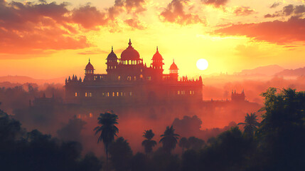 Fototapeta premium Watercolor illustration for mysore dasara with mysore palace silhouette