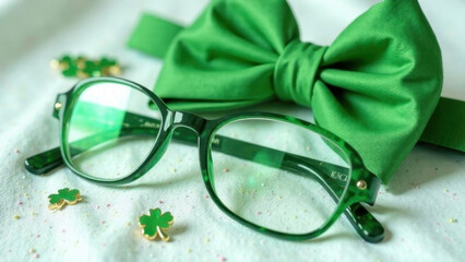 Green glasses, bow ties, and shamrock pins arranged neatly on a white fabric.