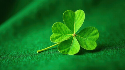 Large four-leaf clover resting on a vibrant green fabric. Copy space