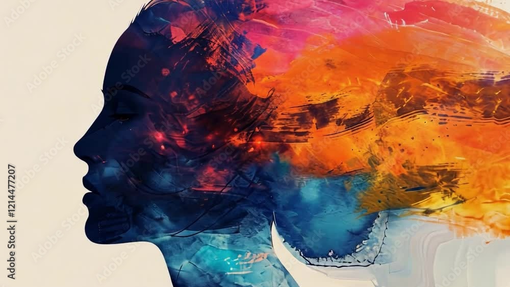 Aufkleber A striking visual features the silhouette of a woman, filled with dynamic colors and abstract patterns. This artwork reflects creativity and imagination through its vivid blend of hues.