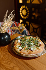 Traditional georgian cuisine. Khachapuri imeruli close up shot. Eastern cuisine 