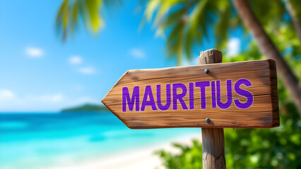 Fototapeta premium Mauritius wooden sign with beach background