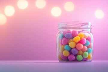 Jar of multicolored candies with soft pink and yellow background bokeh lights, creating a cozy festive atmosphere