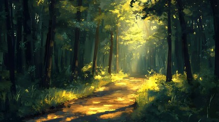 Obraz premium Sunlit Forest Path Magical Woodland Trail