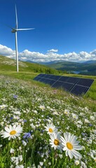 Sustainable energy in a vibrant meadow. Wind turbine and solar panels generate clean power amidst wildflowers.