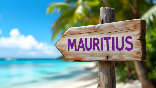 Mauritius wooden sign with beach background