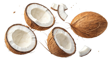 Falling coconuts pieces isolated on white background with clipping path, full depth of field