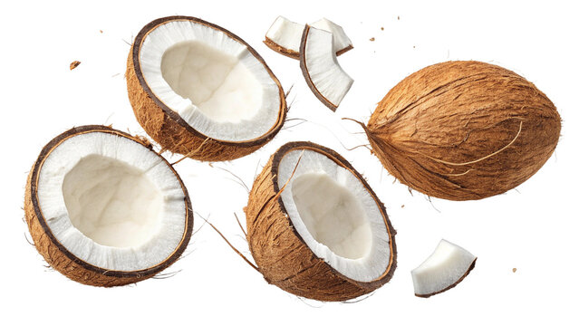 Falling coconuts pieces isolated on white background with clipping path, full depth of field