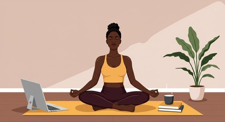 Calm and Focused Meditation Session. This 
illustration depicts a young woman dressed in athletic wear, sitting in a cross-legged meditation pose on a yoga mat. Her eyes are closed.