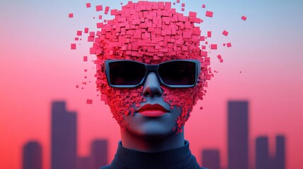 Pixel Persona: A stylized female figure, her face dissolving into a vibrant array of pink cubes, while wearing sleek black sunglasses against a futuristic, red-hued cityscape backdrop.