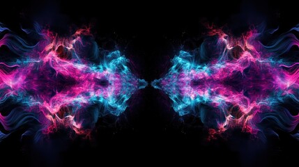 Abstract colorful smoke swirls, mirrored effect, dark background, visual art