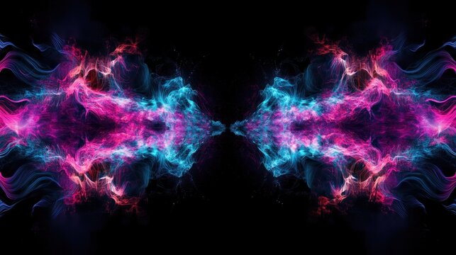 Abstract colorful smoke swirls, mirrored effect, dark background, visual art