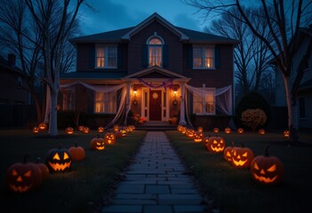 Halloween house decorated with glowing jack-o'-lanterns