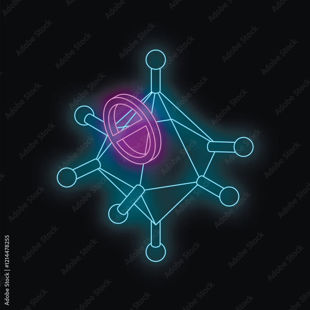 Poster glowing neon forbidden sign hovering over abstract geometric structure with interconnected nodes