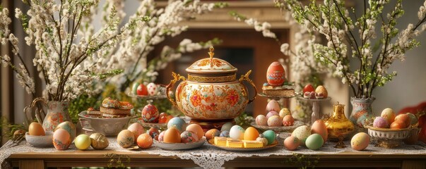 Fototapeta premium Traditional Easter table with a samovar, painted eggs, paskha, and decorated cakes, surrounded by fresh willow branches and family heirlooms