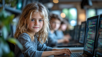 Young girl coding at a computer in a modern classroom surrounded by peers in a collaborative environment