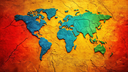 World map with vibrant colors representing different regions and climates
