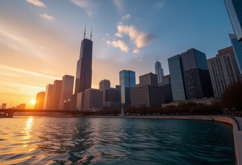 Obraz premium City skyline at sunset reflected on water