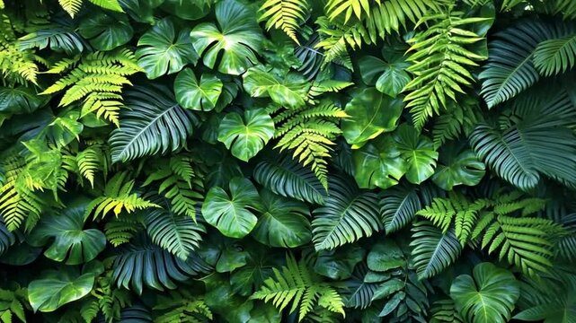 A lush arrangement of various green leaves and ferns creating a vibrant backdrop.