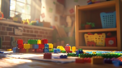 Sunlit playroom floor with colorful building blocks scattered on wooden floor.