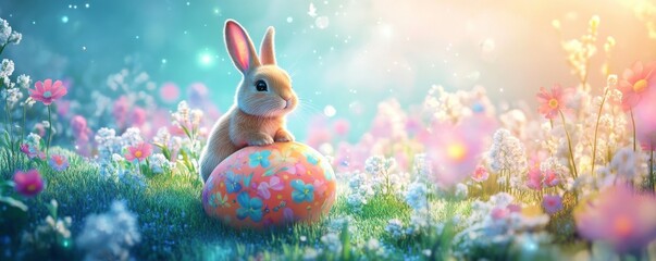 Whimsical Easter bunny sitting on a giant decorated egg in the middle of a magical meadow filled with glowing flowers