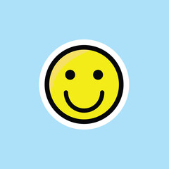 Round vector emoticon of yellow face with smile expression, blue background