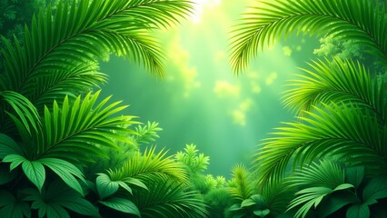 Lush tropical greenery frames a serene path through the forest at dawn