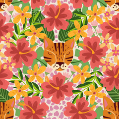 Tiger seamless pattern.  Wild cat faces with expressive details evoke a jungle vibe. Perfect for wrapping, stationary, packaging, textiles and fabrics, crafts, fashion, decor, wallpapers.