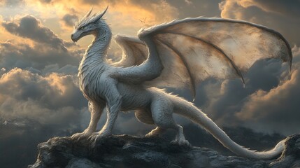Majestic White Dragon on Mountain Peak at Sunset