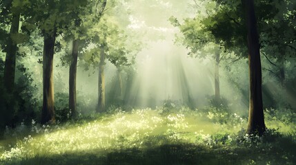 Obraz premium Sunbeams in Lush Green Forest Magical Woodland Scene