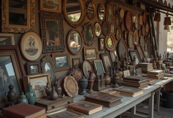 Vintage frames and clocks at antique market.