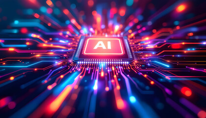 Futuristic AI Chip with Vibrant Neon Circuitry. A close-up, abstract representation of an AI chip set against a vibrant, neon-lit circuit board