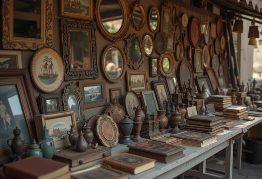 Vintage frames and clocks at antique market.