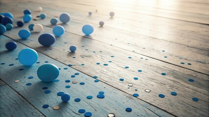 Blue dots of different sizes and shapes scattered randomly on a textured wooden background with a warm light source, shape, organic