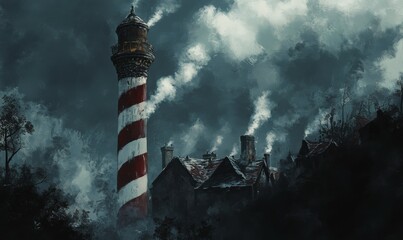White Smoke Plumes Rising from a Tall Red and White Striped Chimney