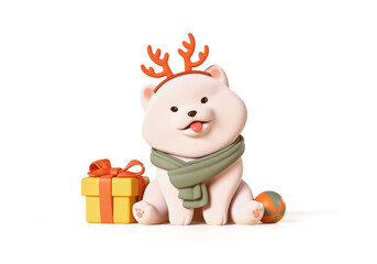 Naklejka premium Cute funny fluffy cartoon samoyed puppy, smiling face, tongue sticking out of mouth, wears red reindeer antlers, green scarf sits playfully near yellow gift box. Front view. 3d render white background