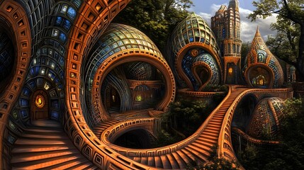Fototapeta premium Surreal Architecture Twisted Staircase Fantasy Building Dreamlike Landscape