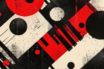 Obraz premium Black Friday flyer featuring bold red and black graphics, . Abstract painting featuring a dynamic interplay of red and black colors, adorned with scattered dots throughout the composition.