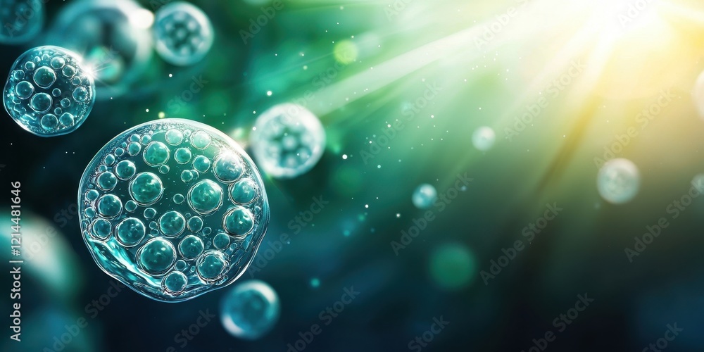 Poster PM2.5. Bubbles floating in a vibrant, illuminated background with soft rays of light.
