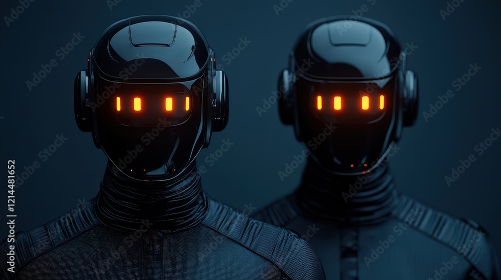 Poster futuristic robots with neon eyes in dark setting