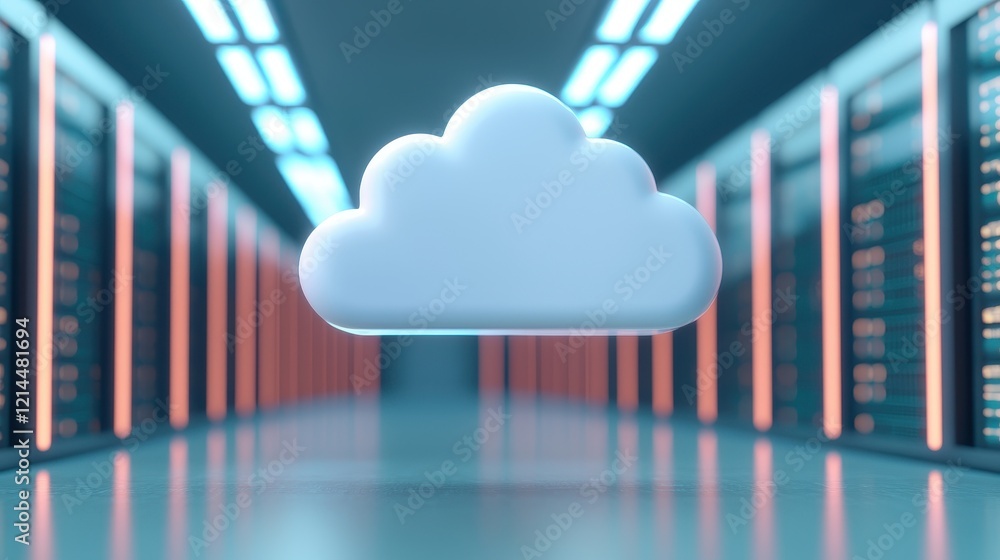 Poster 3d cloud icon floating in a modern server room environment