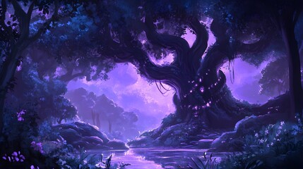 Enchanting Night Forest  Magical Tree  Purple Landscape  Mystical River