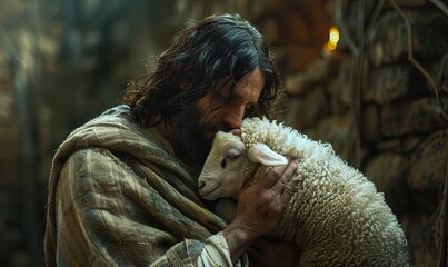 Jesus covering the lamb to save its life.