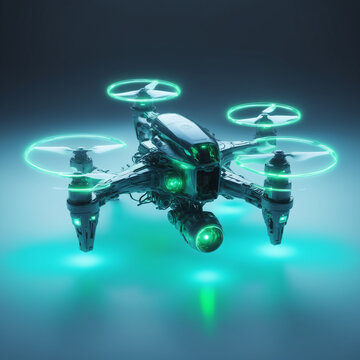 green blue neon transparent glowing futuristic in dron in plain isolated background AI UI look Radioactive 