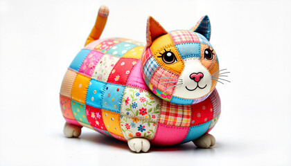 Cute patchwork cat toy on white background, creativity and comfort