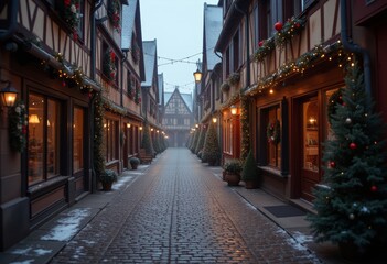 Fototapeta premium Festive street in French village decorated for Christmas.