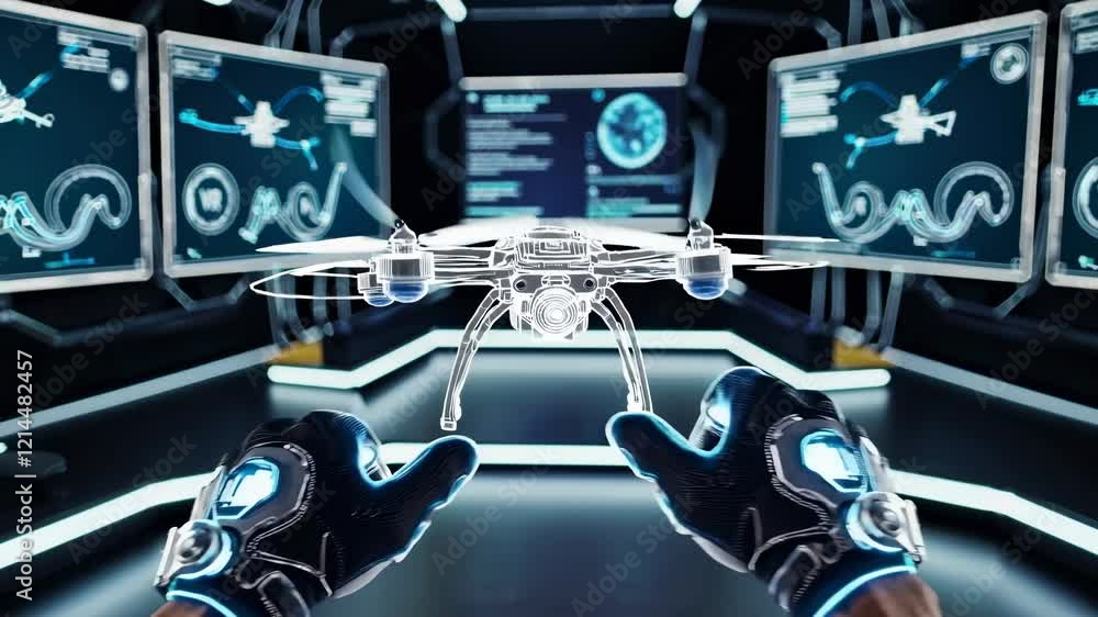Poster exploring drone technology and virtual reality in an advanced tech lab environment