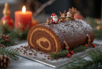 Yule log cake with snowman figurines and candles.