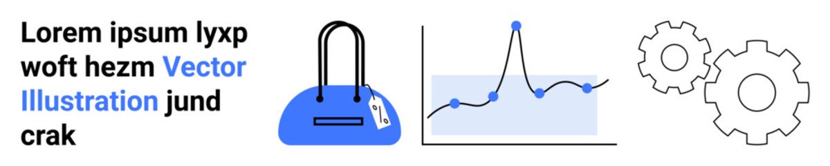 Digital lock icon, fluctuating statistical graph, and gears illustrating technical, secure business processes. Ideal for data analytics, cybersecurity, technological innovation, engineering, business
